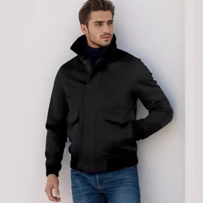 Men's bomber jacket with stand-up collar, snap button placket, and patch pockets Mune Fashion