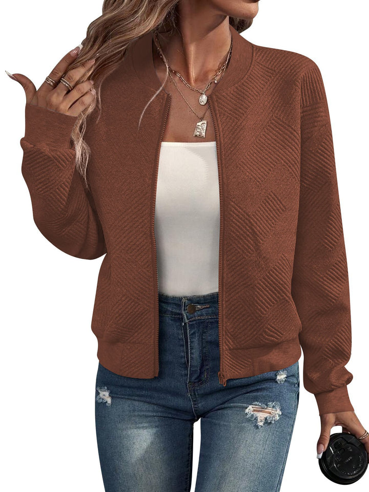 Women Structured Bomber Cardigan with Zipper and Ribbed Cuffs Mune Fashion