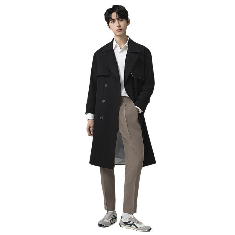 Men's Oversized Double-breasted Wool Blend Trench Coat with Shawl Collar and Contrast Flap Mune Fashion