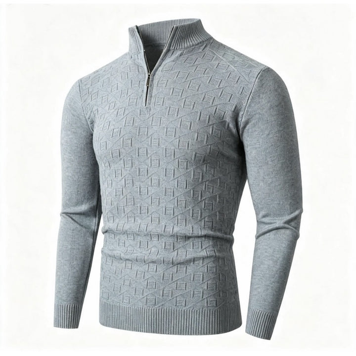 Men's Slim-Fit Fine Knit Half-Zip Sweater with Stand Collar and Geometric Relief Mune Fashion