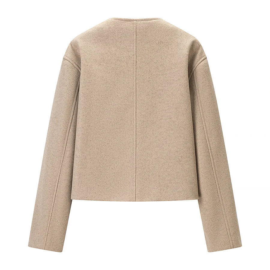 Ladies nan short boxy wool blend jacket with asymmetrical button placket and round neck Mune Fashion