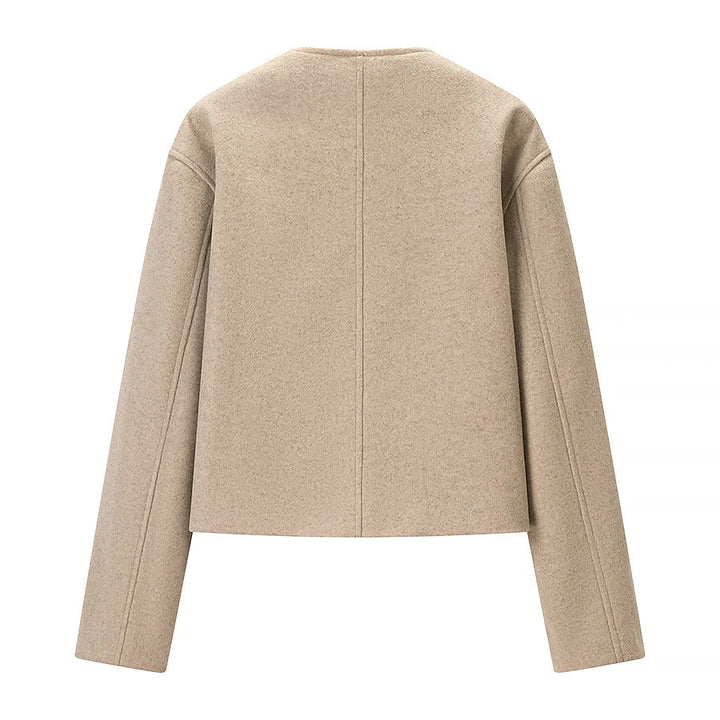 Ladies nan short boxy wool blend jacket with asymmetrical button placket and round neck Mune Fashion