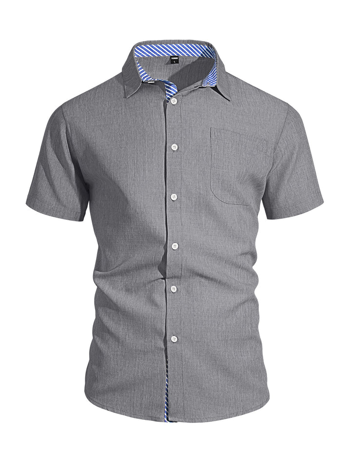 Men's Business Casual Short Sleeve Shirt with Striped Collar Lining and Chest Pocket Mune Fashion