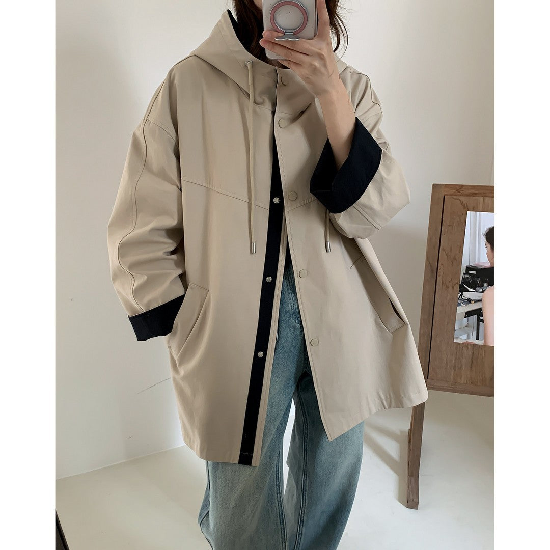 Women Oversize Hooded Jacket with Contrasted Hem and Snap Button Placket Mune Fashion