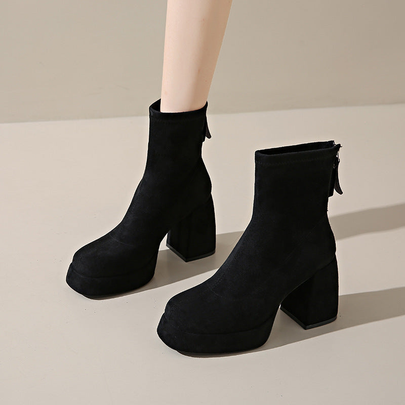 Women's platform ankle boots made of suede with a high block heel