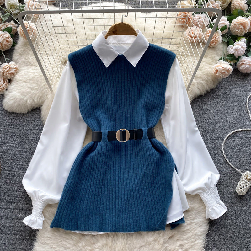 Ladies layering look blouse with ribbed knit overlay and waistbelt Mune Fashion