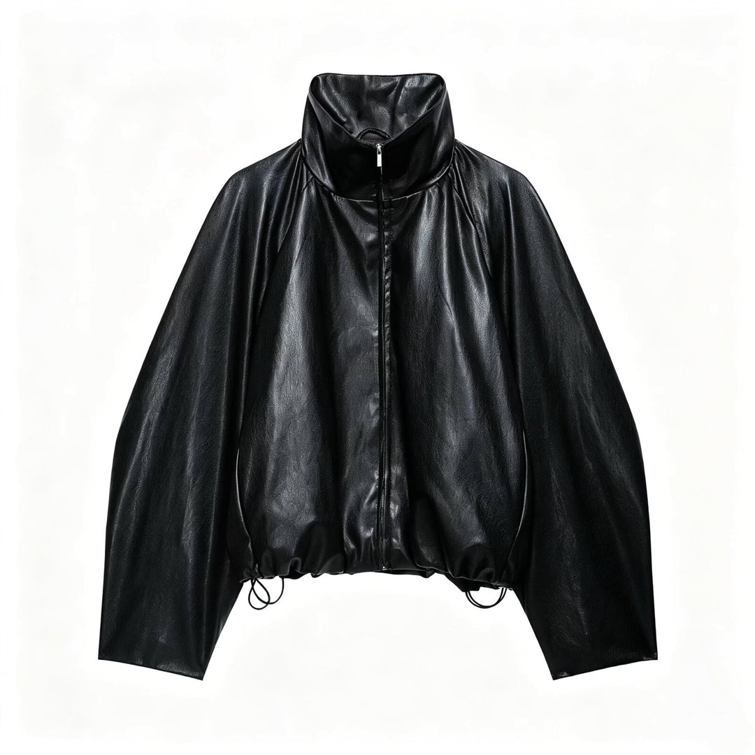 Women's Oversize Jacket in Leather Look with High Funnel Collar, Raglan Sleeves and Drawstring Hem Mune Fashion