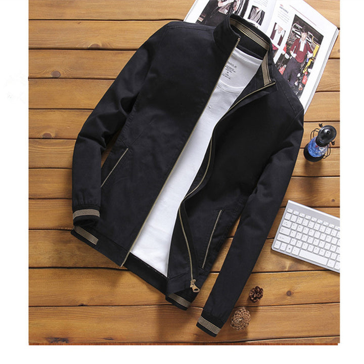 Men's Lightweight Bomber Jacket with Stand Collar, Full Zip and Striped Rib Cuffs Mune Fashion