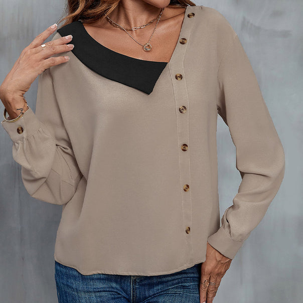 Women's Asymmetrical Shirt Blouse with Contrasting Collar and Decorative Button Placket Mune Fashion