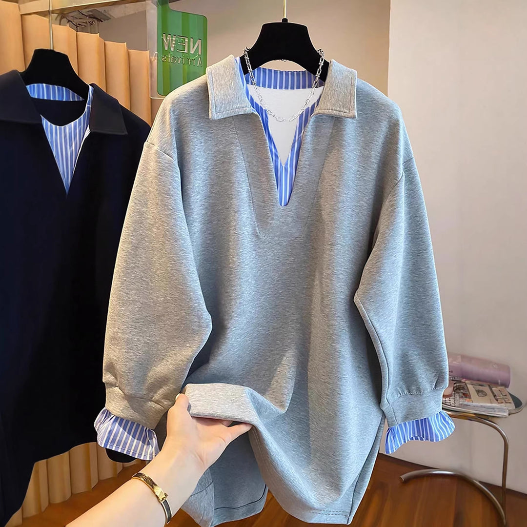 Women Oversized Sweatshirt with Shirt Collar Look and Striped Cuffs Mune Fashion