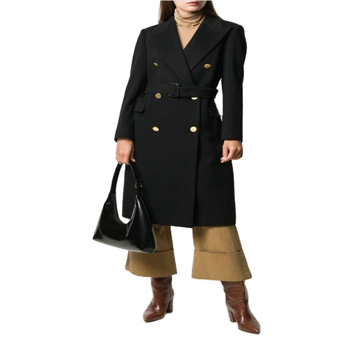 Women's mid-length noble wool blend coat in double-breasted style with contoured waist belt Mune Fashion