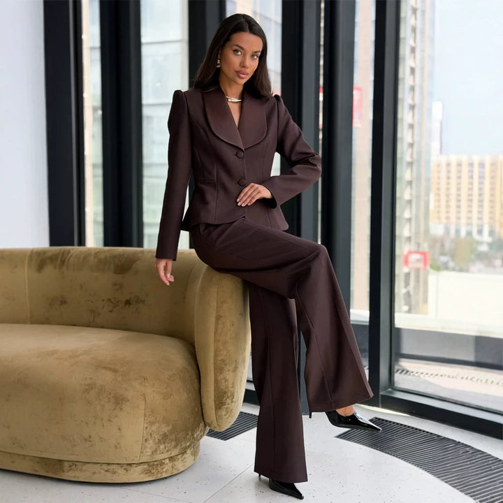 Women's Tailored Blazer with Oversized Shawl Collar and High-Waisted Wide Leg Pants Mune Fashion