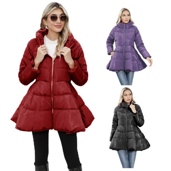 Ladies Padded Quilted Coat with Flared Peplum and Stand-Up Collar Mune Fashion