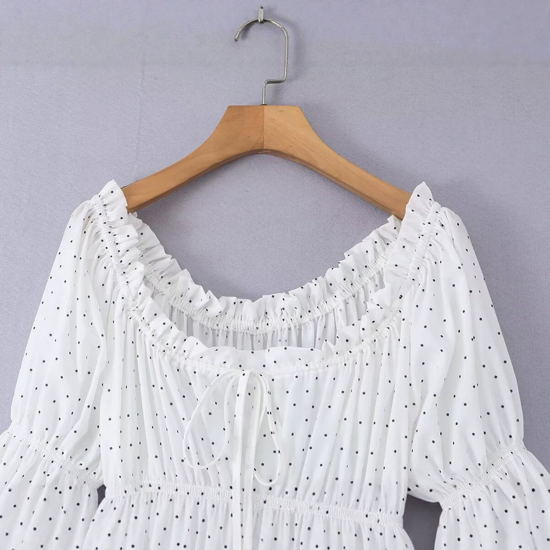 Women's midi dress with smocked waist, gathered puff sleeves and square neckline Mune Fashion