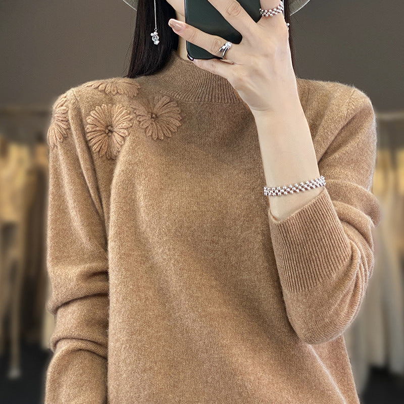 Women Soft Fine Knit Sweater with Short Stand-Up Collar, 3D Flower Application and Ribbed Cuffs Mune Fashion