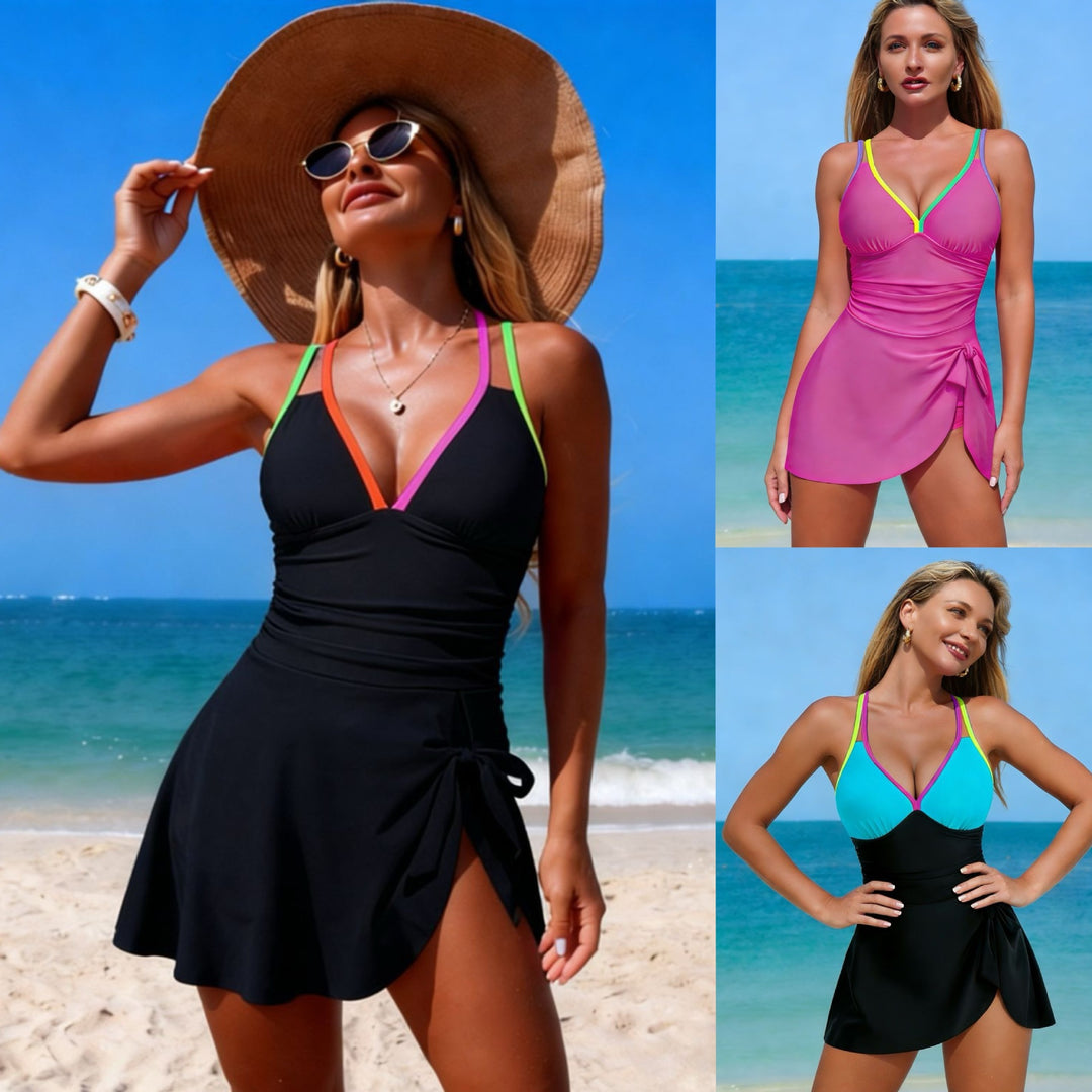 Ladies Tankini with fashionable wrap skirt and colorful accents Mune Fashion