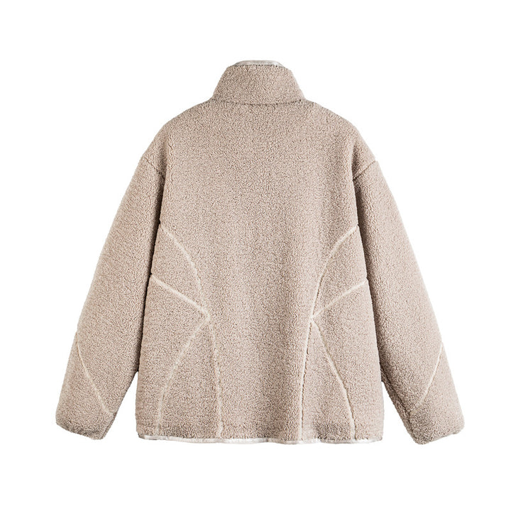 Unisex Teddy-Fleece-Bomber Jacket with Stand Collar and Geometric Seam Design Mune Fashion