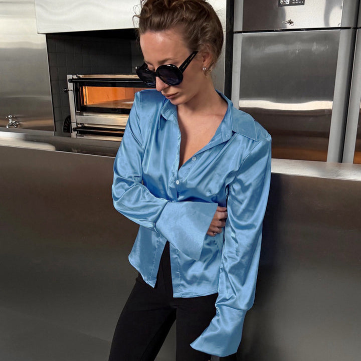Women's Satin Shirt with Wide Collar, Extra Wide Cuffs & Relaxed Fit Mune Fashion