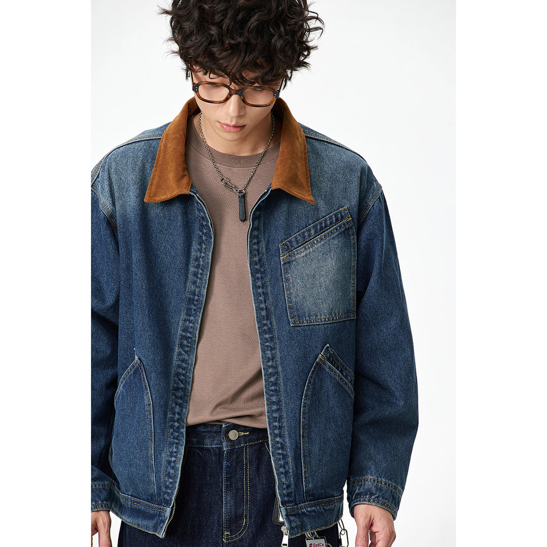 Men's Relaxed Denim Jacket with Contrast Corduroy Collar and Slanted Chest Pocket Mune Fashion