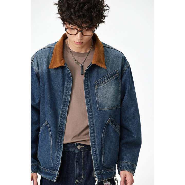 Men's Relaxed Denim Jacket with Contrast Corduroy Collar and Slanted Chest Pocket Mune Fashion