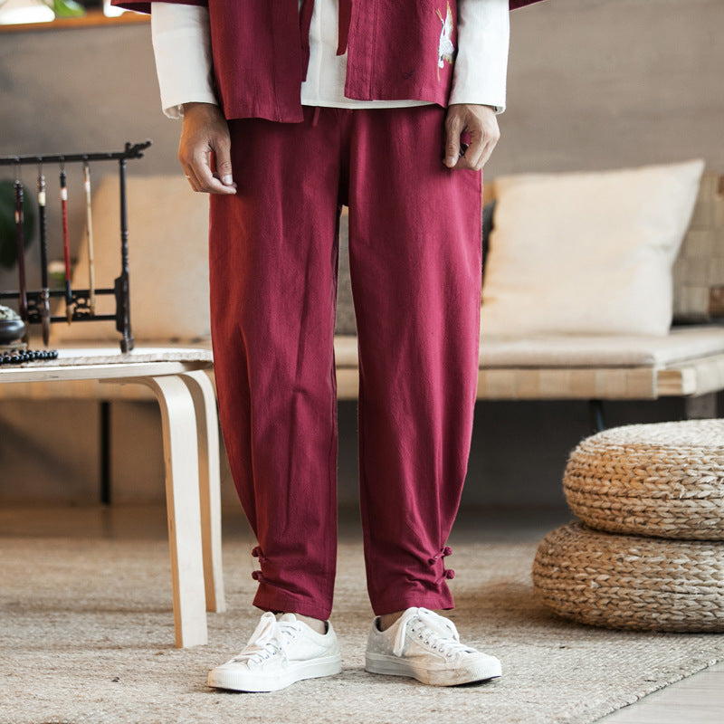 Men's Casual Linen Blend Pants with Drawstring Waist, Tapered Ankle and Knot Detail Mune Fashion