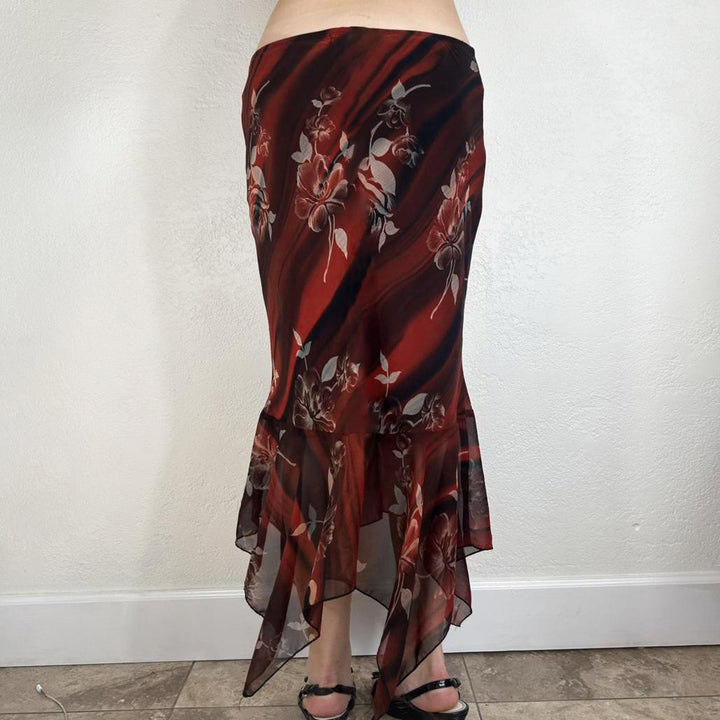Women Asymmetrical Mesh Midi Skirt with Ruffle Layers and Floral Pattern Mune Fashion
