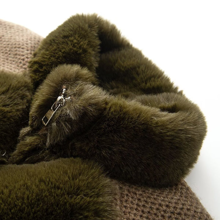 Women's knit pullover jacket with quilted faux fur front and high stand-up collar Mune Fashion