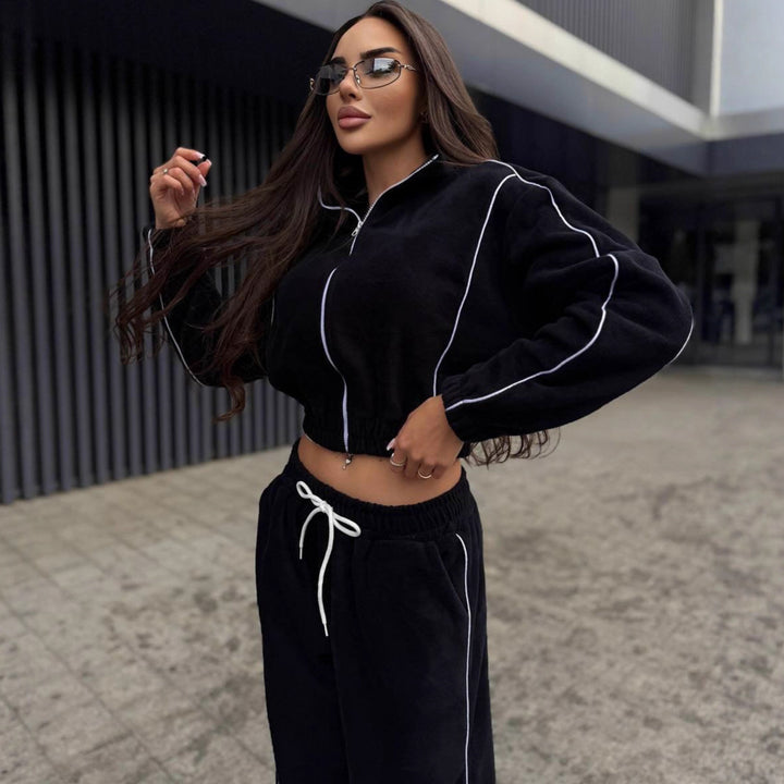 Women's Cropped Zip Fleece Set with Tailored Drawstring and Wide Pant Leg Mune Fashion