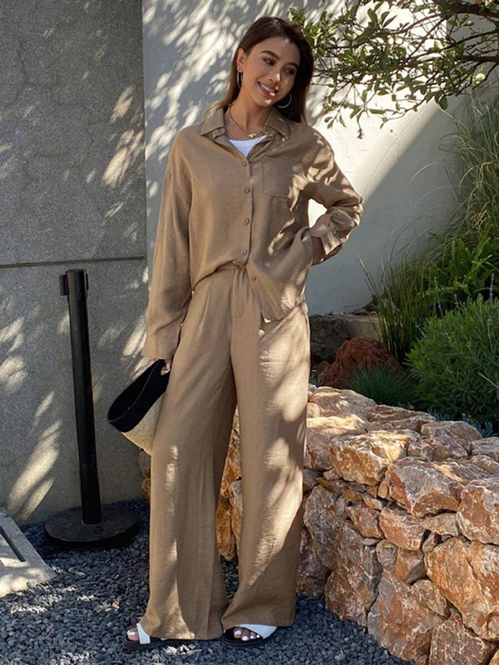 Women's relaxed linen lounge set with oversized shirt and drawstring palazzo pants Mune Fashion