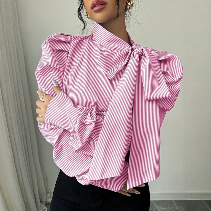 Women's poplin blouse with stand-up collar, large ribbon tie, and balloon sleeves Mune Fashion