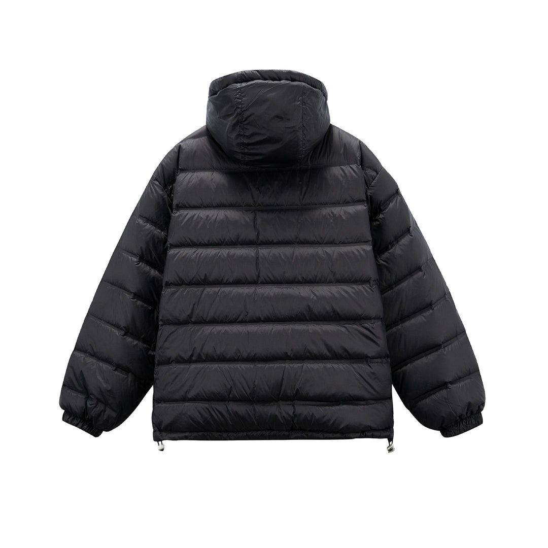Men's Boxy Puffer Jacket with high stand-up hood, double front zipper and drawstring