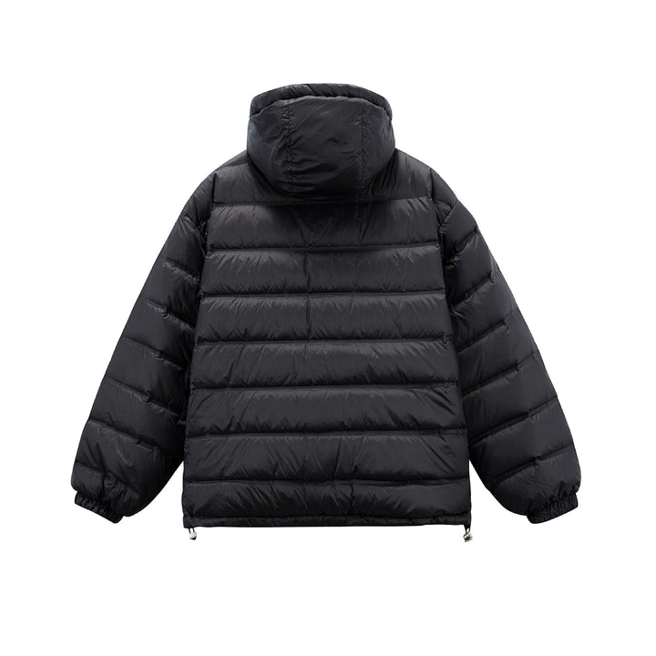 Men's Boxy Puffer Jacket with high stand-up hood, double front zipper and drawstring