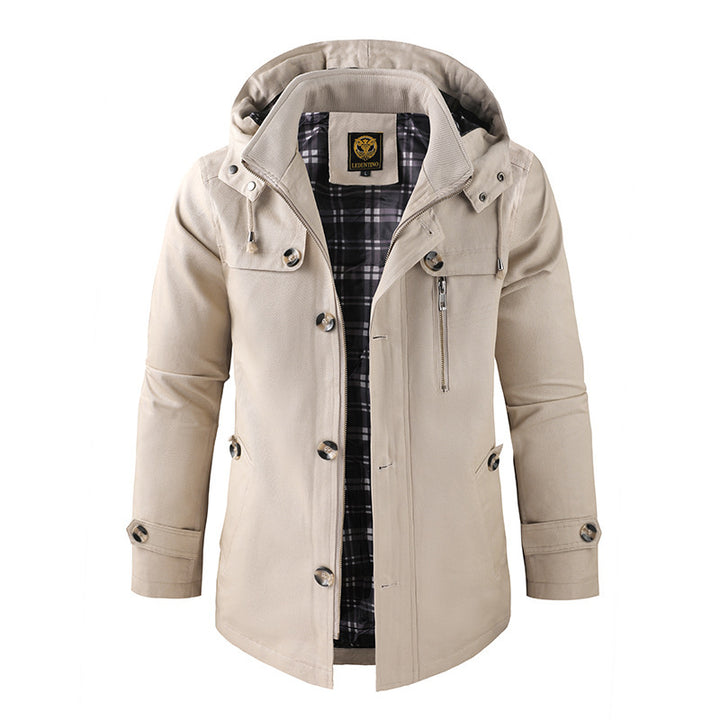 Men's hooded parka made of canvas with checked thermal lining, hidden zipper, and decorative button placket Mune Fashion