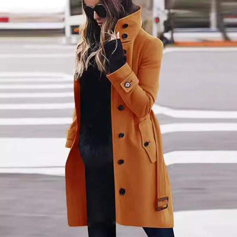 Women's tailored long coat with stand-up collar, concealed button placket and shaping seams Mune Fashion