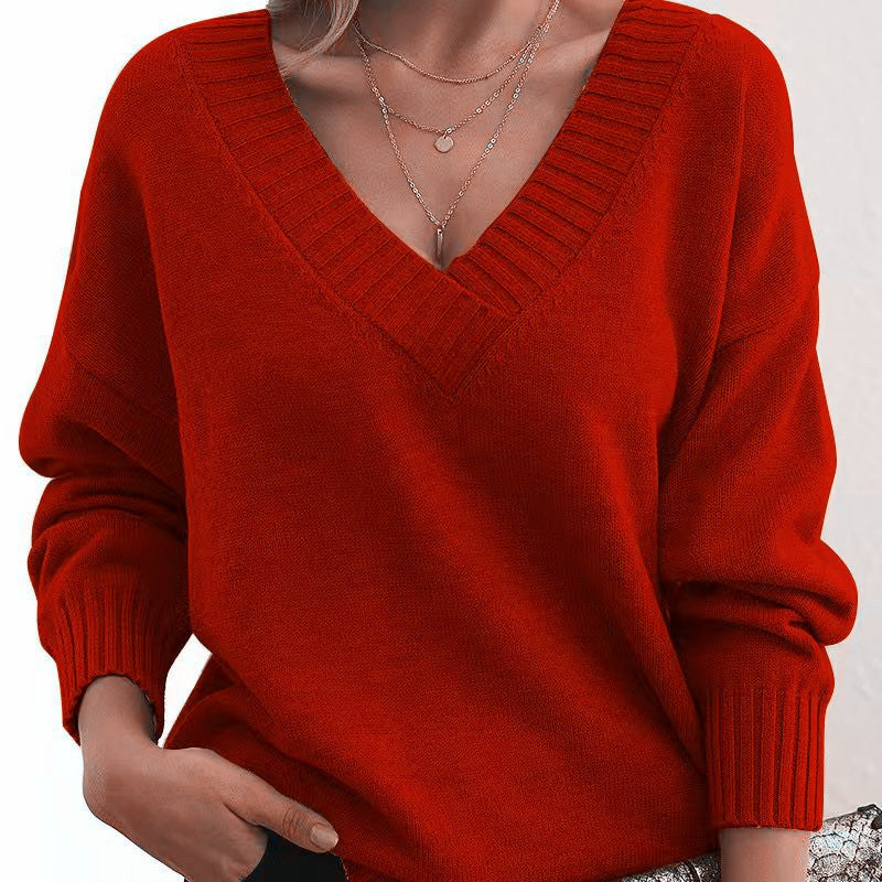 Women's Oversized V-Neck Knit Sweater with Ribbed Cuffs Mune Fashion
