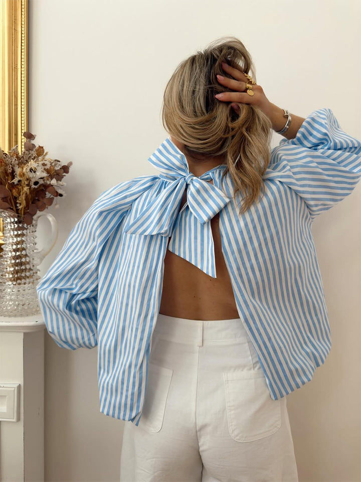 Women Backless Striped Blouse Top with Bow Collar Mune Fashion