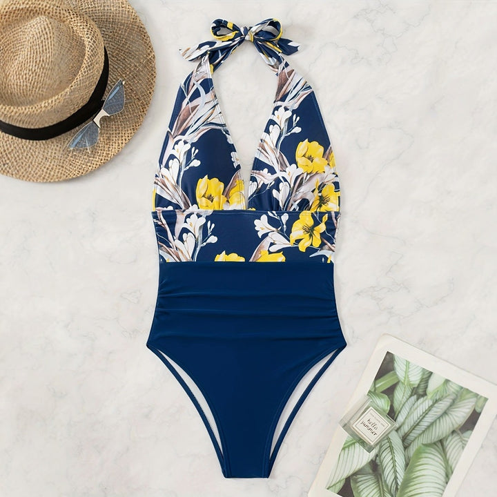 Ladies One Piece Swimsuit with Floral Design and Long Ties Mune Fashion