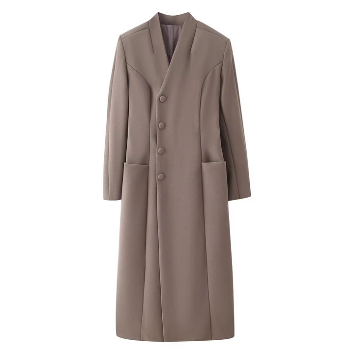 Women's nano minimalist long coat with narrow shawl collar and patch pockets Mune Fashion