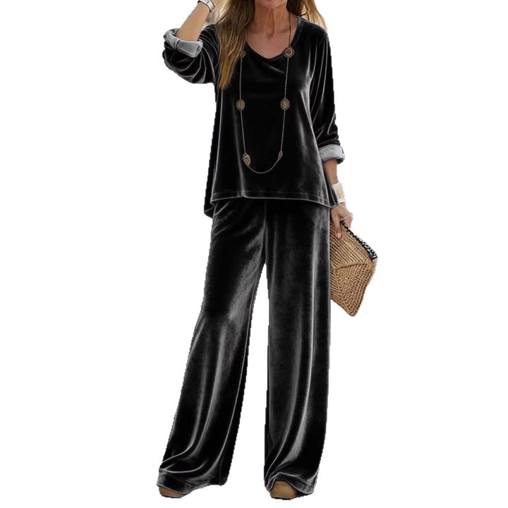 Women's Elegant Velvet Two-Piece Lounge Set with V-Neck and Wide Leg