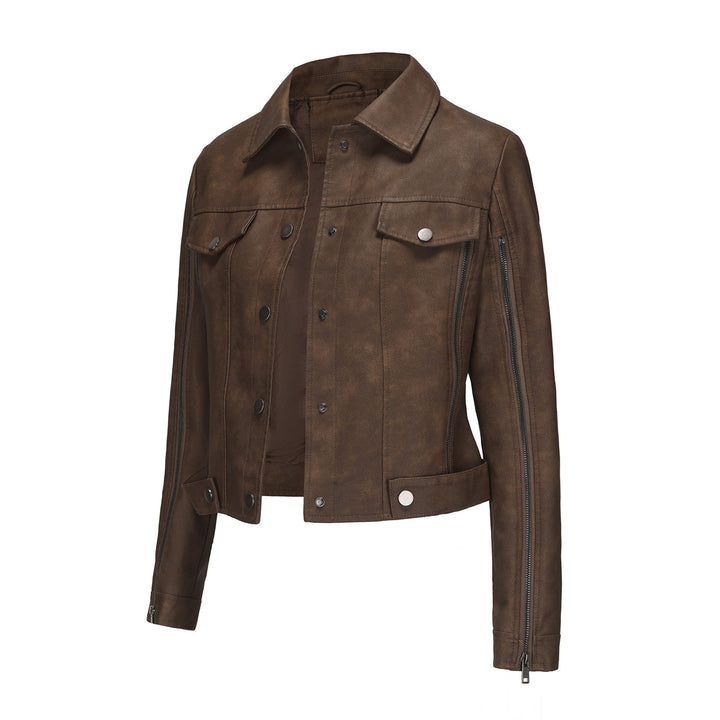 Ladies short cropped trucker jacket made of suede look with side zippers and patch chest pockets Mune Fashion