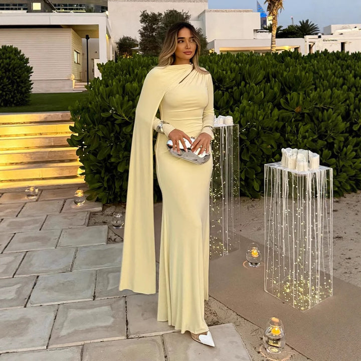 Women's Tailored Maxi Dress with Asymmetric Cape and High Collar Mune Fashion