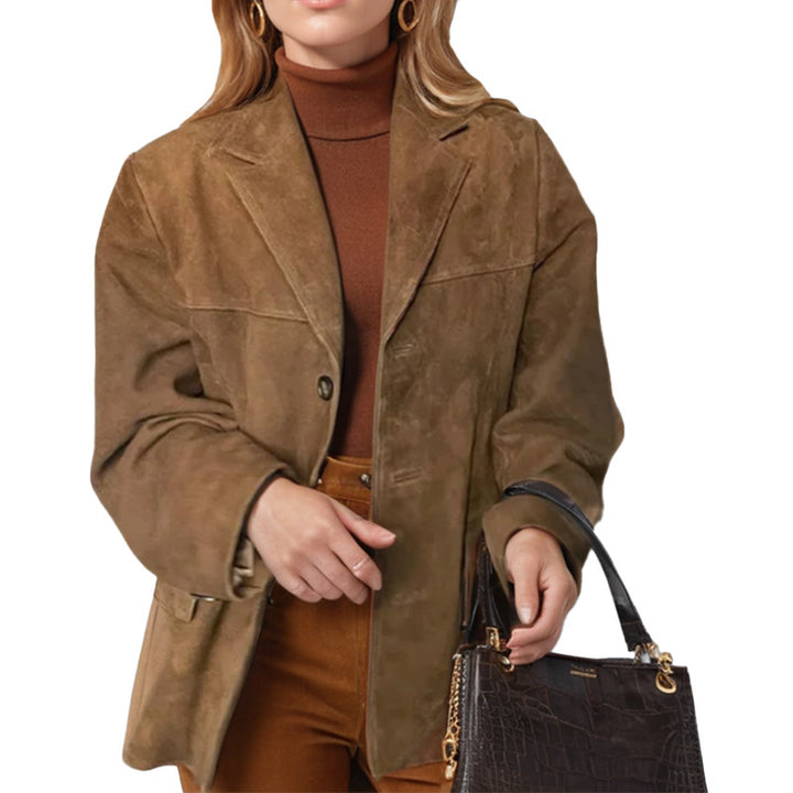 Women's Oversize Suede Blazer with Lapel Collar and Patch Pockets Mune Fashion