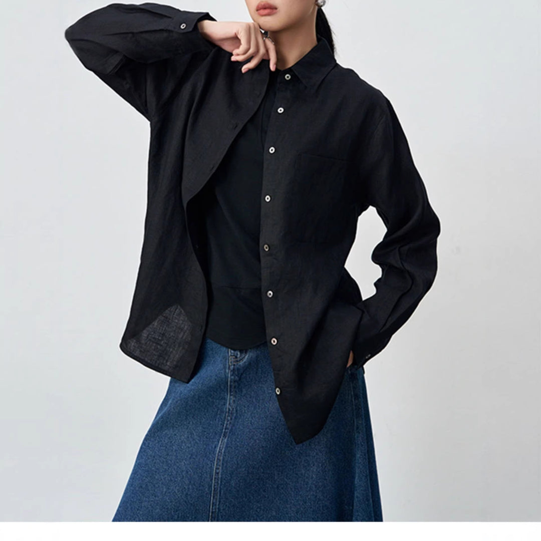 Women High-Quality Linen Blouse with Long Sleeves Mune Fashion