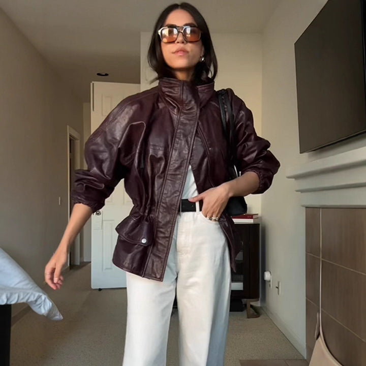 Women's Oversize Faux Leather Blouson with High Stand Collar and Waist Drawstring Mune Fashion