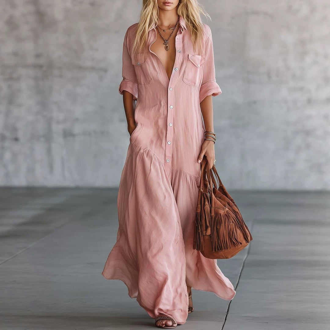 Ladies Long Flowing Shirt Blouse Maxi Dress with Button Placket, Applied Breast Pockets and Side Insert Pockets Mune Fashion