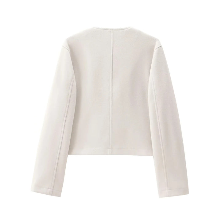 Women's short cut overshirt jacket with round neck, snap button placket and patch pockets Mune Fashion