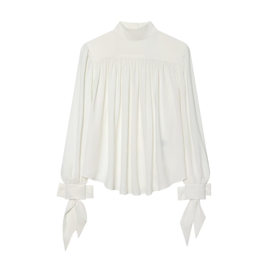 Ladies' blouse with high roll neck, gathered front and bow sleeves Mune Fashion