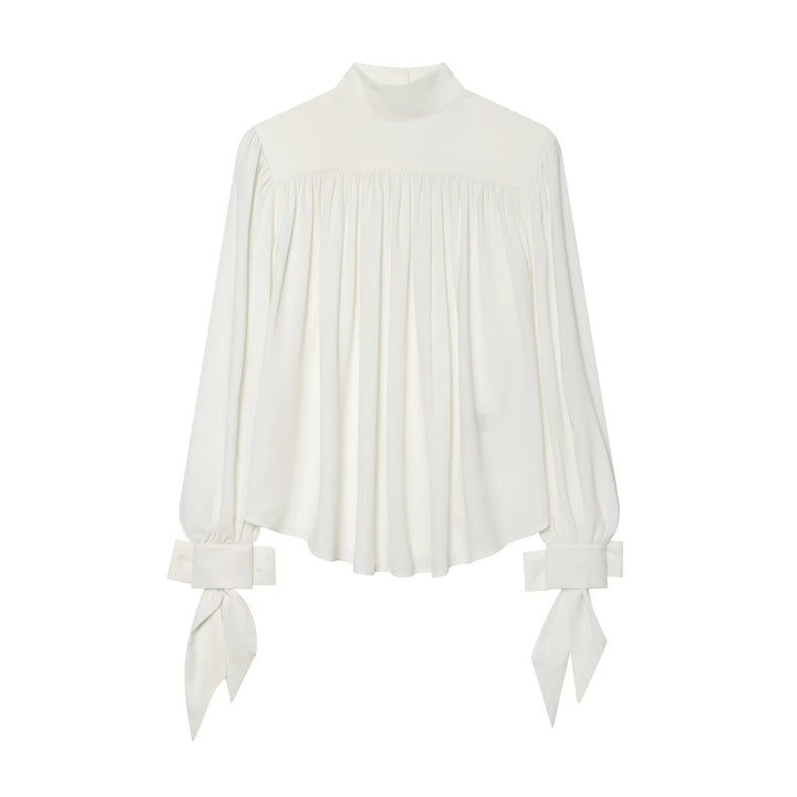 Ladies' blouse with high roll neck, gathered front and bow sleeves Mune Fashion