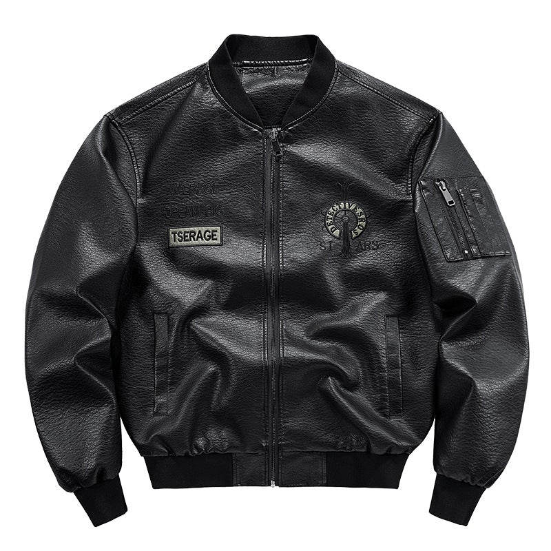Men's Fashion Faux Leather Bomber Jacket with Pockets Mune Fashion