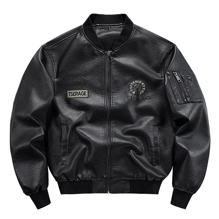 Men's Fashion Faux Leather Bomber Jacket with Pockets Mune Fashion